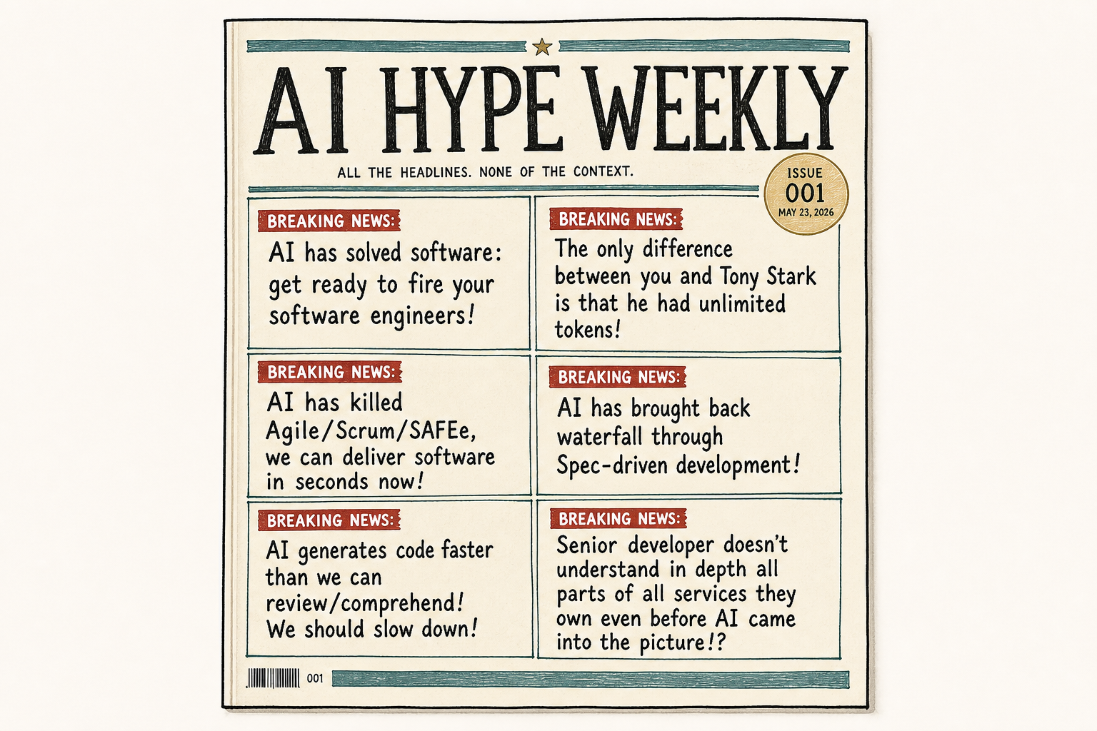 A whimsical AI genie surrounded by exaggerated breaking news headlines about AI and software development.
